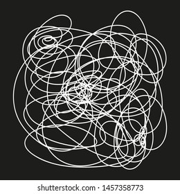 Hand drawn lines on isolated black background. Chaotic shape with hatching. Wavy tangled doodle. Black and white illustration