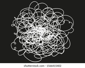 Hand drawn lines on isolated black background. Chaotic shape with hatching. Wavy tangled doodle. Black and white illustration