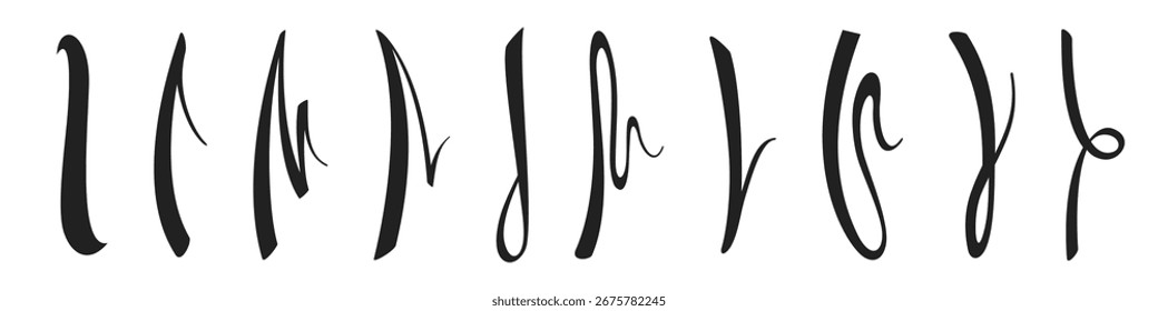 Conjunto de linhas desenhadas à mão. Conjunto de linhas curvas abstratas desenhadas à mão, sublinhado, linhas de realce, traçados de sublinhado, rabiscos, pontos, traços. Linhas onduladas, retas e curvas.