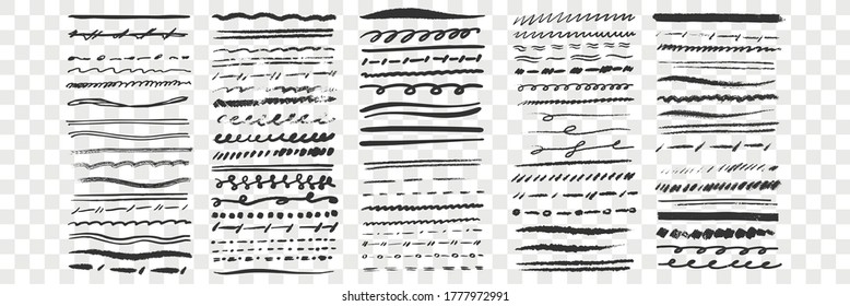 Hand drawn lines set. Collection of doodle underlines or pen underlines pencil hand drawn strokes on transparent background. Handmade scribble marker borders illustration