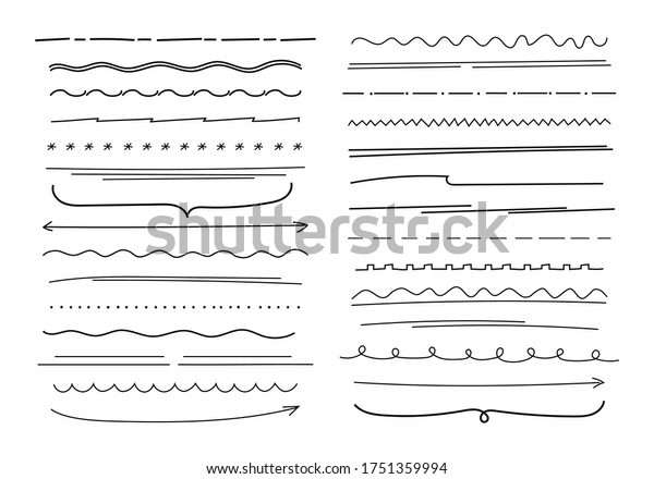 Hand drawn lines\
set elements. Curved drawn pencil straight lines wavy arrow\
abstract zigzags snowflakes in raw rough graphic ink stripes\
scruffy ornament . Vector doodle\
style