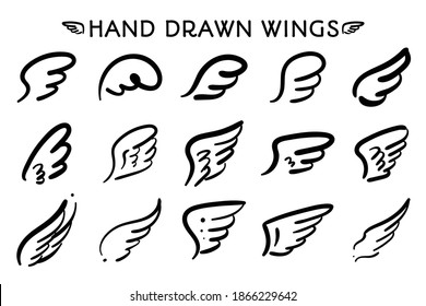 Hand drawn lines. The shadow of beautiful feather angel wings Isolated on white background.