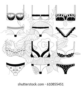 Hand drawn lingerie illustrations. Vector set. Template for design fashion or shop card or banner.

