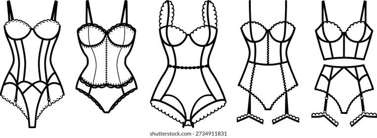 Hand Drawn Lingerie Vector Set: Corset, Bodysuit, and Underwear Line Art Collection