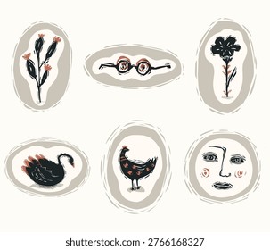 Hand drawn lino cut folk art swan, chicken, flower, face mix  motif collection. Flat isolated on white background vector illustration. Botanical nature design element. Modern quirky flower block print