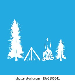 Hand drawn Linocut Craft Vector Illustration. T-shirt print with a Tourist tent, bonfire, trees, spruce