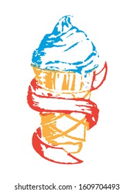 Hand drawn Linocut Craft Vector Illustration. T-shirt print with ice cream