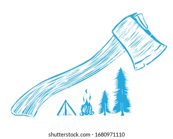 Hand drawn Linocut Craft Vector Illustration. T-shirt print with a Tourist tent, bonfire, trees, spruce, ax
