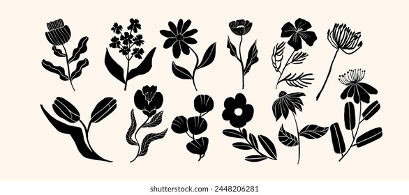 Hand drawn linocut floral. Trendy linocut style ornament. Vector illustration. 