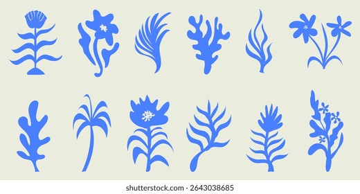 flores linocut desenhadas à mão e plantas naive ondulado groovy floral botânico recortado arte cartaz abstrata rabiscar doodle vetor ilustração