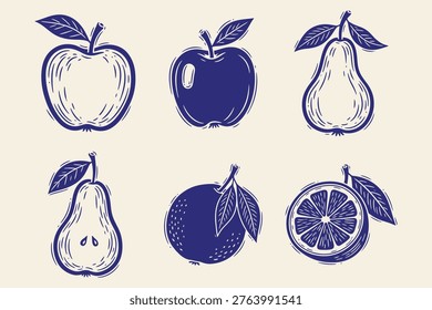 Hand Drawn Linocut Fruit Set Apples Pears Citrus Rustic Woodblock Illustration