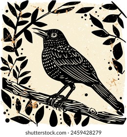 Hand drawn linocut style bird on a branch.  Grunge illustration of bird silhouette isolated	