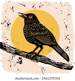 Hand drawn linocut style bird on a branch.  Grunge illustration of bird silhouette isolated	