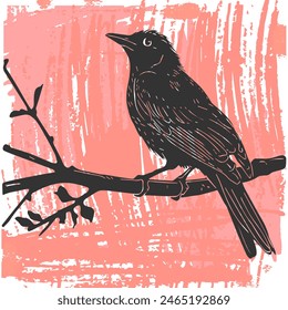 Pájaro dibujado a mano estilo linocut en una rama. Ilustración de grunge de silueta de pájaro aislado	