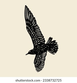 Hand drawn linocut style flying birds. Grunge illustration of bird silhouette isolated 