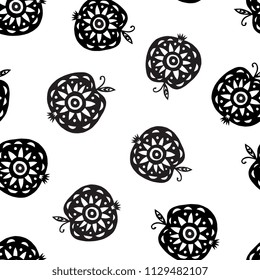 Hand drawn linocut style seamless pattern with apple isolated on background. Unique creative design for packaging, textile, wrapping paper.