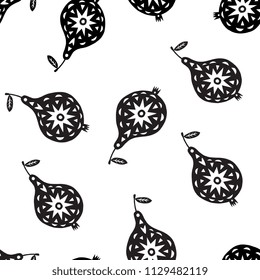 Hand drawn linocut style seamless pattern with pear isolated on background. Unique creative design for packaging, textile, wrapping paper.