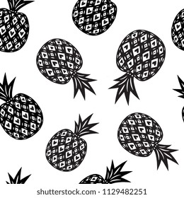 Hand drawn linocut style seamless pattern with pineapple isolated on background. Unique creative design for packaging, textile, wrapping paper.