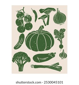 Cartaz de legumes estilo linocut desenhado à mão. Ilustração Grunge de diferentes vegetais. Plano de fundo do vetor	