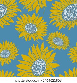 Hand drawn linocut sunflowers on blue background, blooming flowers seamless pattern. Botanical floral linocut textured background.