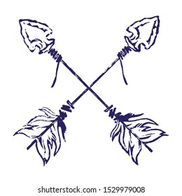 Hand Drawn Linocut Vector Illustration. Craft logo details: Old Native American arrow with stone tip and feathers.