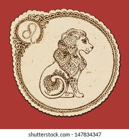 Hand drawn lion with elements of the ornament in ethnic style. Zodiac sign - Leo. Vector illustration