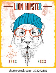Hand Drawn Lion with hat and for t-shirt print