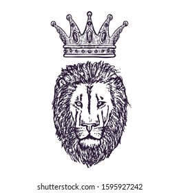 Hand Drawn Lion Head with Crown. Lion Face T-shirt Print. Vector illustration