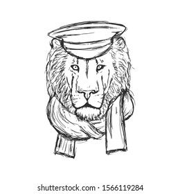 Hand Drawn Lion Head with Hat and Skarf. Lion Face. Vector illustration