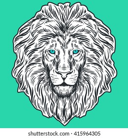 Hand drawn lion head isolated. Banner, poster, card, t-shirt design template. Vector illustration 