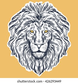 Hand drawn lion head isolated. Banner, poster, card, t-shirt design template. Vector illustration