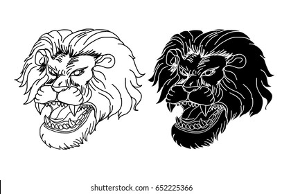 Hand drawn Lion head and silhouette of lion's head