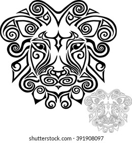 Hand drawn lion head stylized Maori face tattoo. Vector