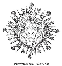 Hand drawn lion head in sun rays isolated over white background vector illustration. Flash tattoo or print design