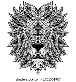 Hand drawn of lion head in zentangle style