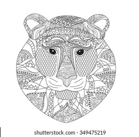Hand drawn lion . Isolated on white. anti stress Coloring Page Vector monochrome sketch.