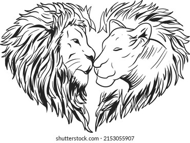 Hand drawn lion and lioness couple in love shaped symbol luxury vector illustration for tattoo t-shirt
