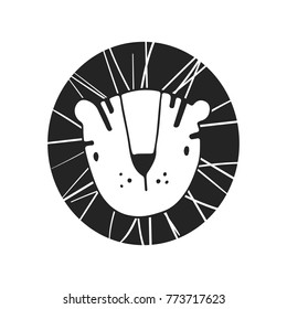 Hand drawn lion. Nursery poster in scandinavian style. Monochrome vector illustration.