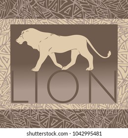 Hand drawn lion on native african background. Vector illustration. Wild animal mascot.