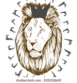 Hand drawn Lion portrait with crown and letter r around it head, isolated on white, vector illustration