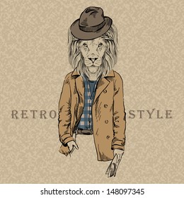 Hand Drawn Lion, Retro Style, City Style, Hipster Look, Vector Illustration