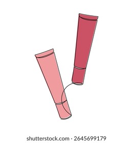 Hand drawn lip gloss tubes vector. One line continuous drawing. Minimal fashion print, linear silhouette icon. Cosmetics skin care product, balm, lotion, abstract doodle illustration.