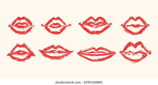 Hand Drawn Lips with Bulky Lines and Grunge Texture. Abstract and funny mouth collection isolated on white background