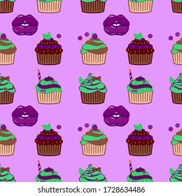 Handgezeichnete Lippen und Kuchen nahtlos Textur. Doodle violette Kuchen Hintergrund. Cartoon-Kuchen aus isolierten Elementen: Beeren, Lollipop, Bogen und Herzen. 