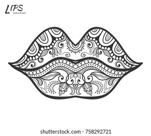 Hand drawn lips with decorative ornament. Black and white drawing, sketch for tattoo, t-shirt print. Zen doodle style art for coloring book, isolated design element. Vector illustration