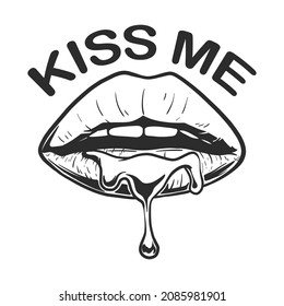 hand drawn lips with liquid melted. black line vector style. vector illustration