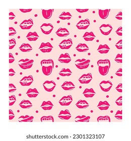 Hand Drawn Lips Pose Seamless Pattern Pink Background