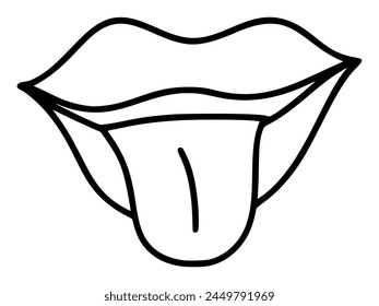 Hand drawn lips with tongue icon in simple doodle style. Woman mouth with lines. Monochrome design Taste, body feelings sense organs