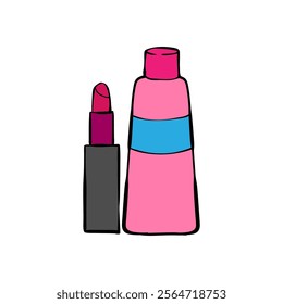 Hand drawn lipstick and makeup kit illustration isolated. Suitable for presentation, web, graphic design needs 