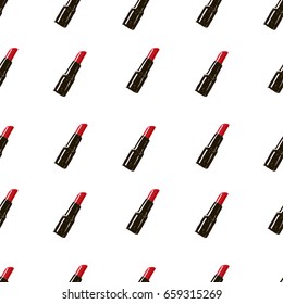 Hand drawn Lipstick seamless pattern. Fashion illustration seamless pattern. Love fashion hand drawn text and make up design elements. Sketch set.